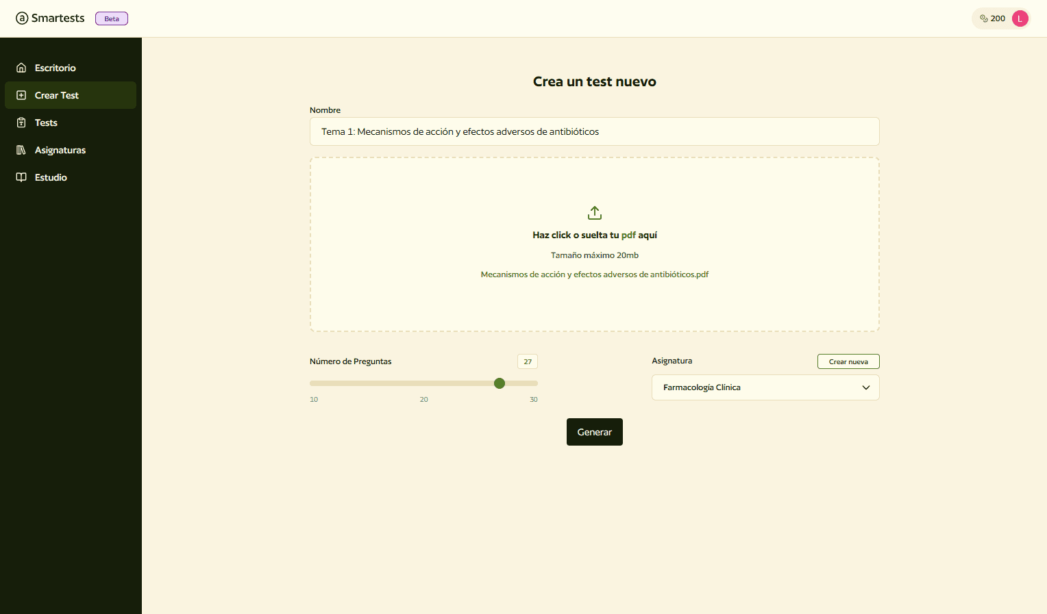Escritorio de smartests, con varios examenes tipo test creados