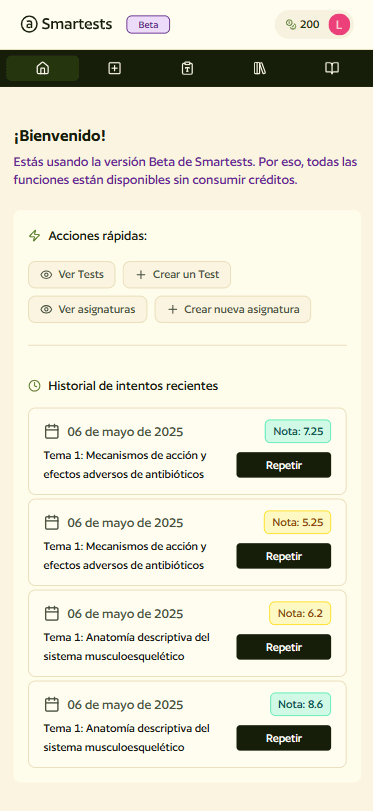 Escritorio de smartests, con varios examenes tipo test creados