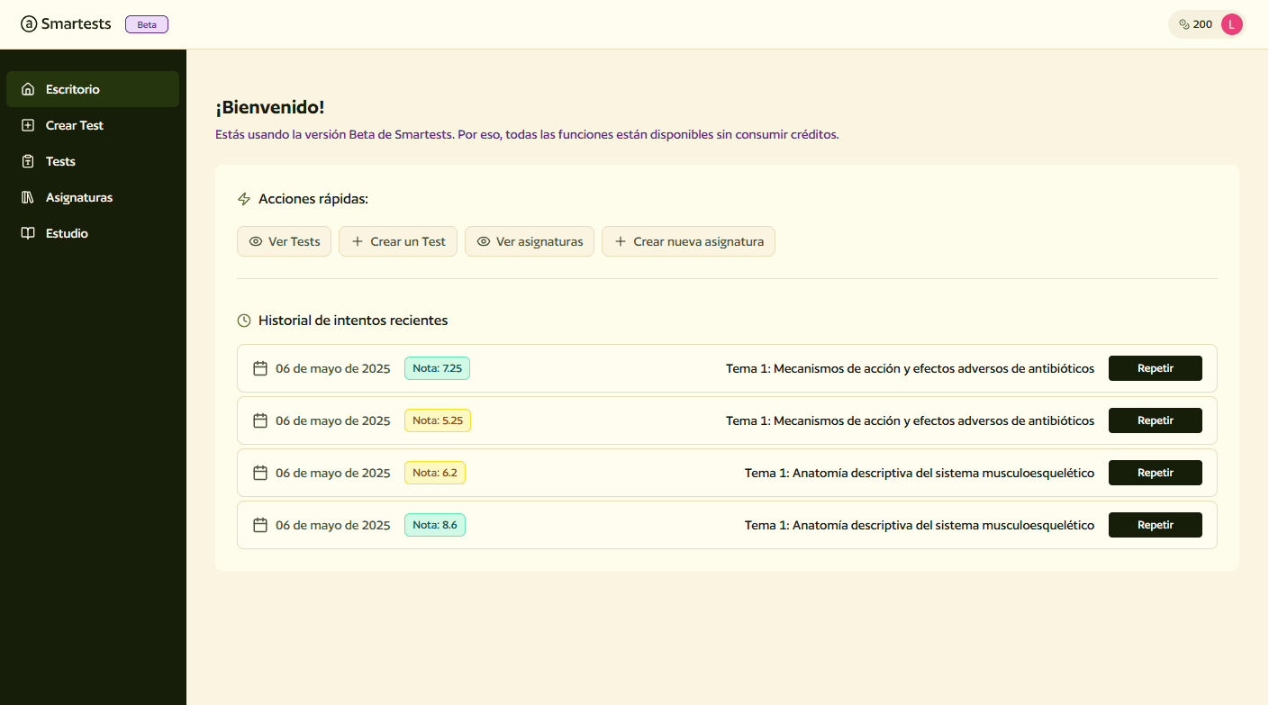 Escritorio de smartests, con varios examenes tipo test creados
